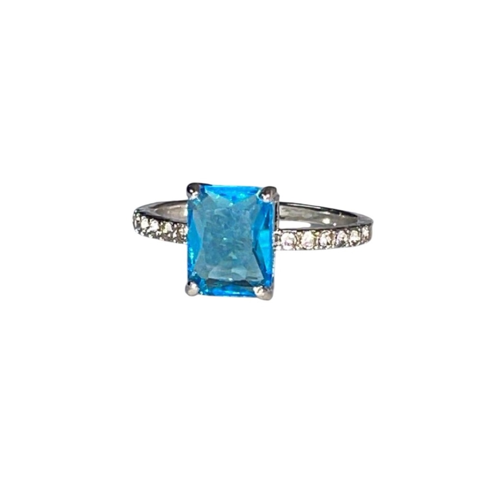 Blue Square-Cut Stone Ring with Pavé Band - Women Jewelry